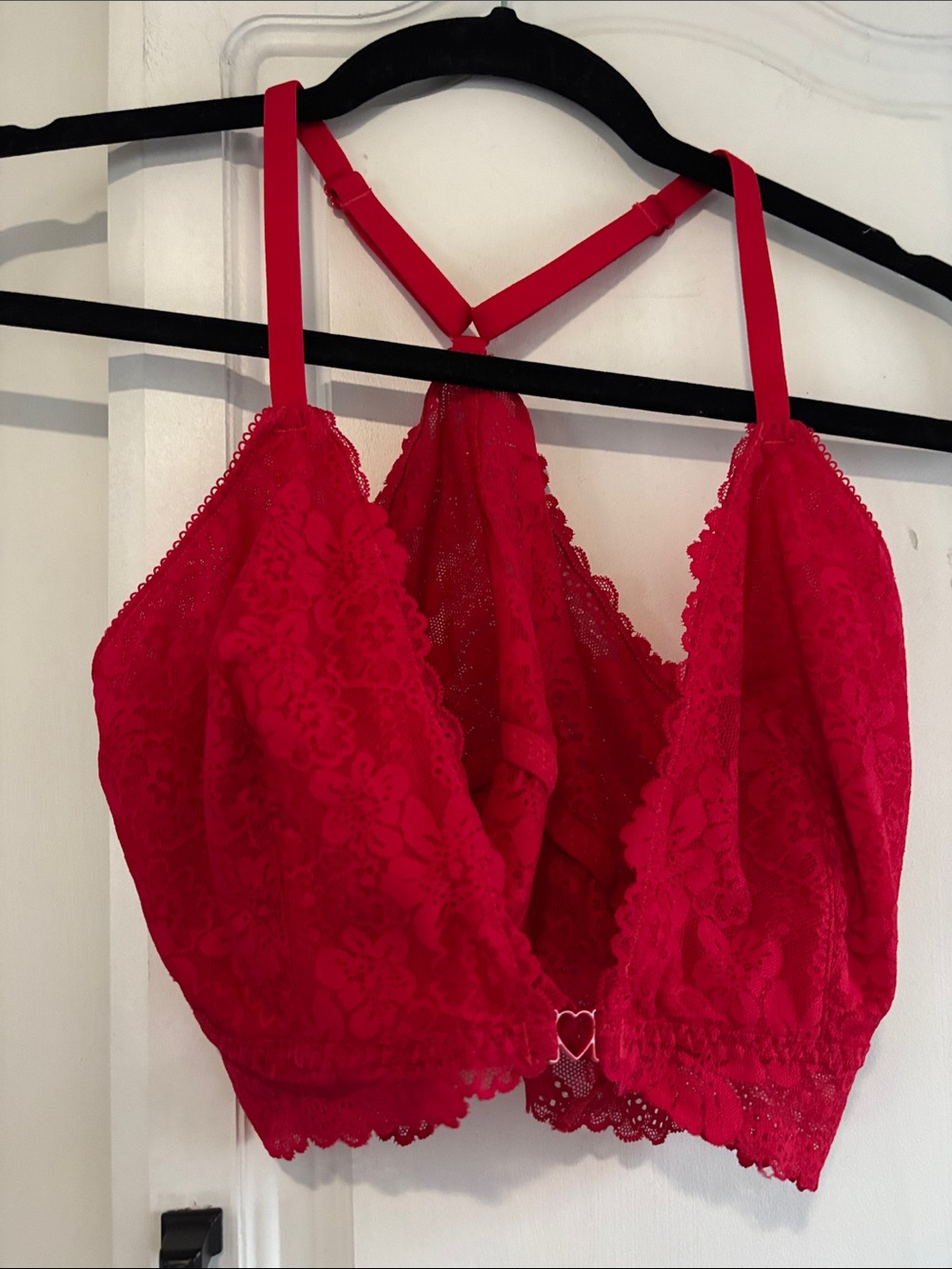 PINK Victoria's Secret Red Floral Lace Bralette with Heart Hardware